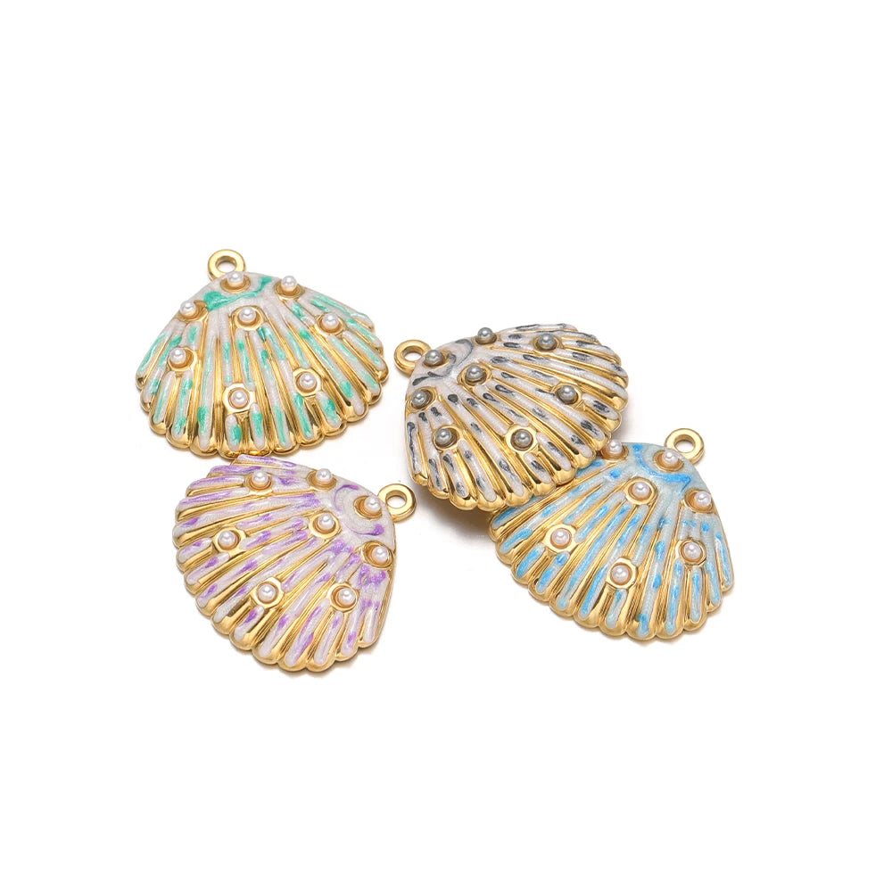 Gold Plated Seashell Charm Striped Shell Pendant with Pearl Single Sided Enamel  DIY Beach Jewelry Making Supplies Wholesale