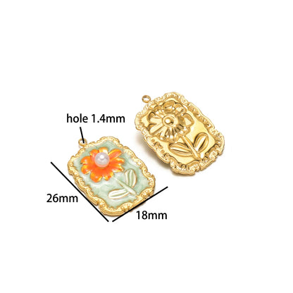 Exquisite Oil Drop Painted Flower Charm 18k Gold Plated Stainless Steel Enamel Round Square Pendant for Necklace Jewelry Making