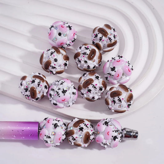 Fancy Pink Brown Cow Print Clay Beads with AB Rhinestones for Beadable Pens DIY Jewelry Making