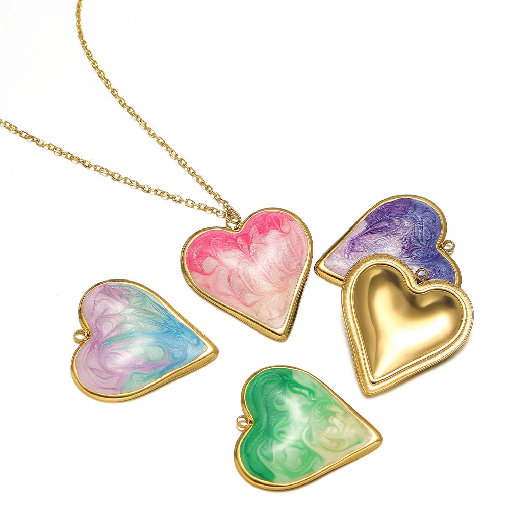 Romantic Dream Color Stainless Steel 18K Gold Plated Drip Oil Gradient Color Heart Charm Pendant for Jewelry Necklace Making