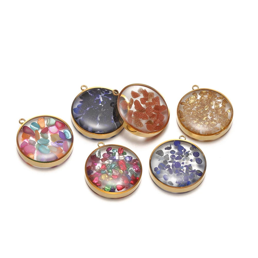 Stainless Steel 18k Gold Plated Oil Drop Round Transparent Mirror Painting Crystal Charm Pendant for Jewelry Necklace Making
