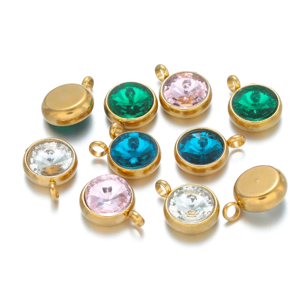 1bag 18K Gold Plated 304 Stainless Steel 10mm Round Crystal Zircon Charm Pendant for Necklace Earrings Making Accessories