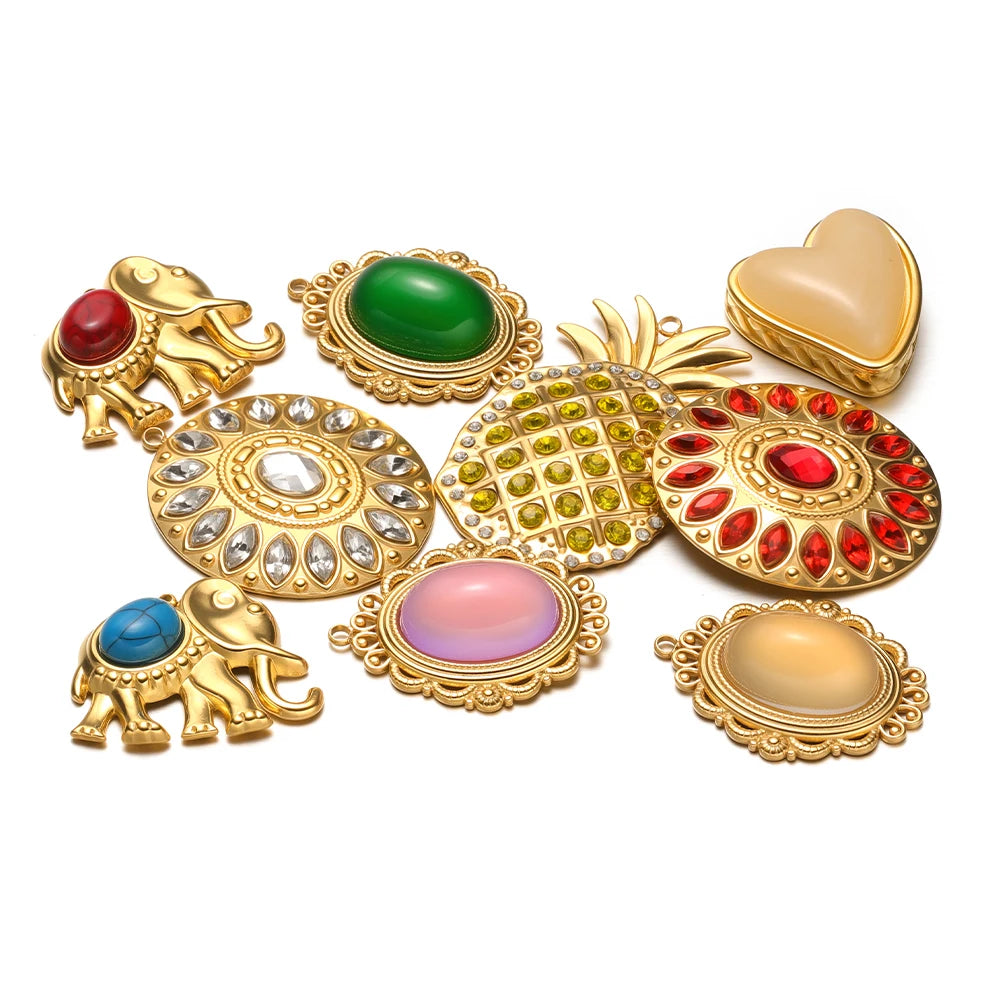Wholesale Stainless Steel 18k Gold Plated Enamel Elephant Pineapple Heart Zircon Charm Pendant for Jewelry Necklace Making