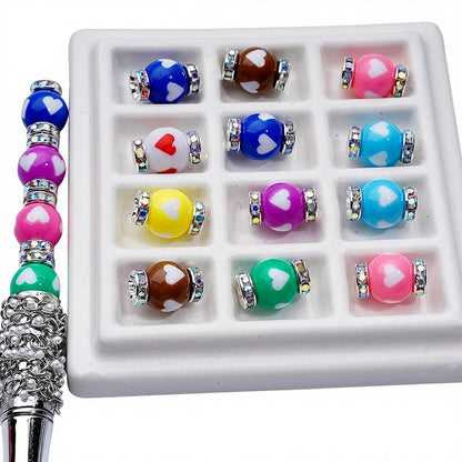 Multi-Color 12mm Round Heart Prints Acrylic Lantern Beads for Pen Beads