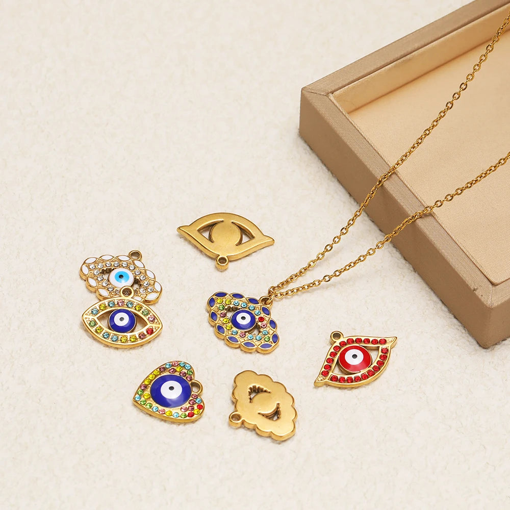 High Quality Stainless Steel 18k Gold Plated Zircon Enamel Eyes Charm Pendant for Jewelry Making Wholesale