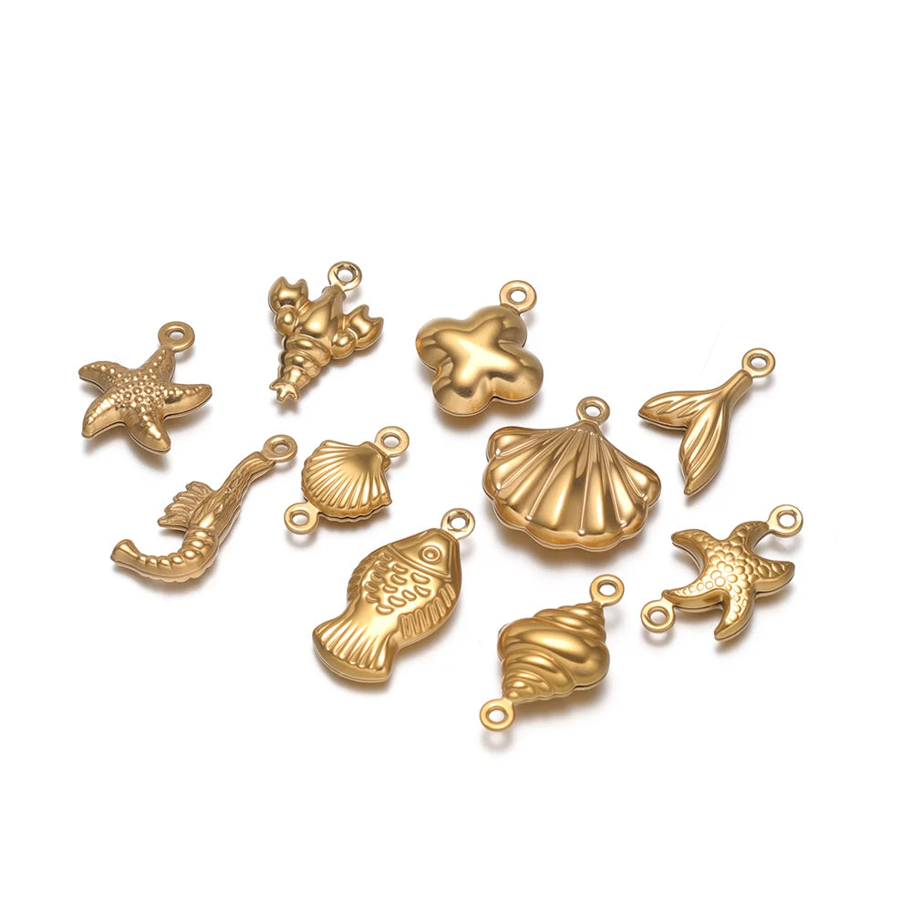 20pcs/bag Stainless Steel 18k Gold Plated Hollow Starfish Lobster Fish Shell Charms Pendant for DIY Jewelry Necklace Making