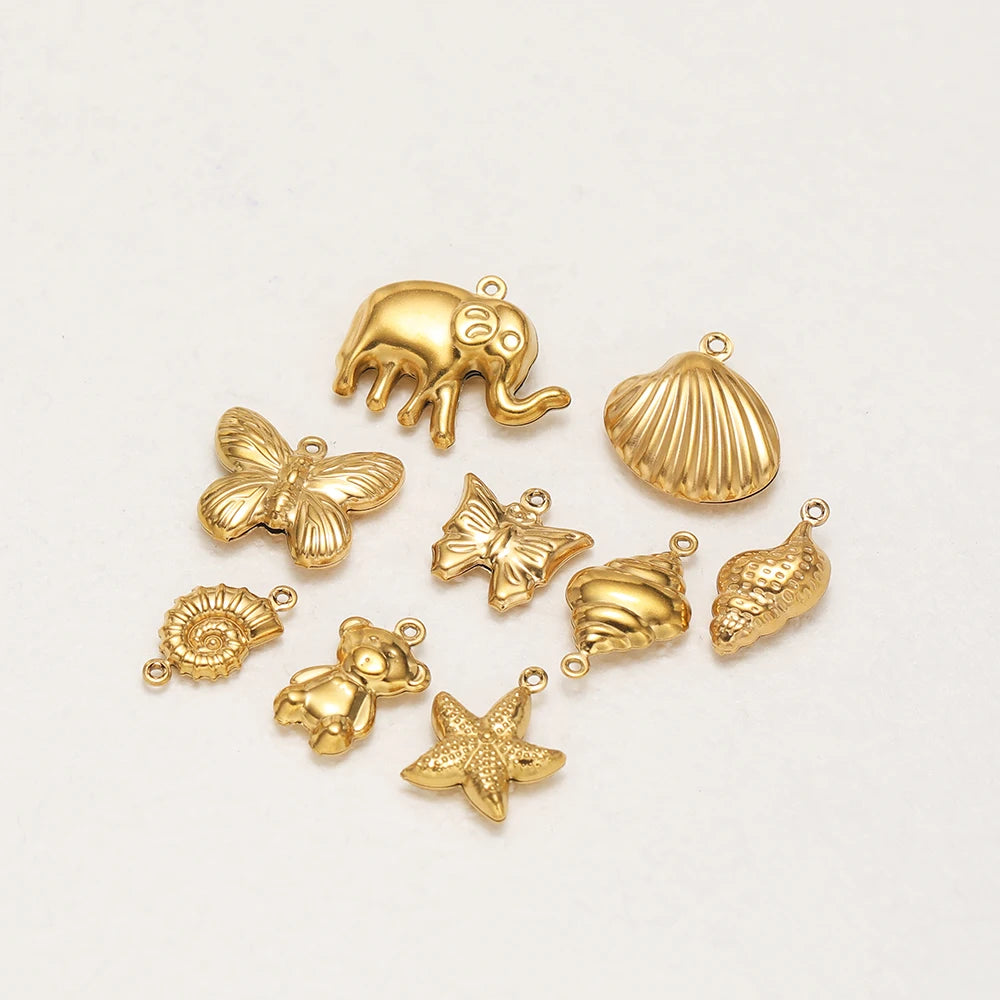 High Quality 18k Gold Plated Stainless Steel Hollow Conch Shell butterfly Starfish Charm Pendant for DIY Necklace Jewelry Making