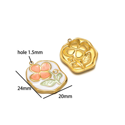 Exquisite Oil Drop Painted Flower Charm 18k Gold Plated Stainless Steel Enamel Round Square Pendant for Necklace Jewelry Making
