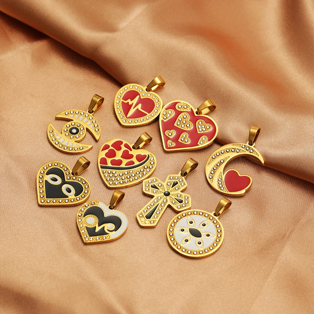 Women's Fashion Accessory Stainless Steel Gold Plated Enamel Eyes Heart Cross Charm Pendant for DIY Jewelry Making