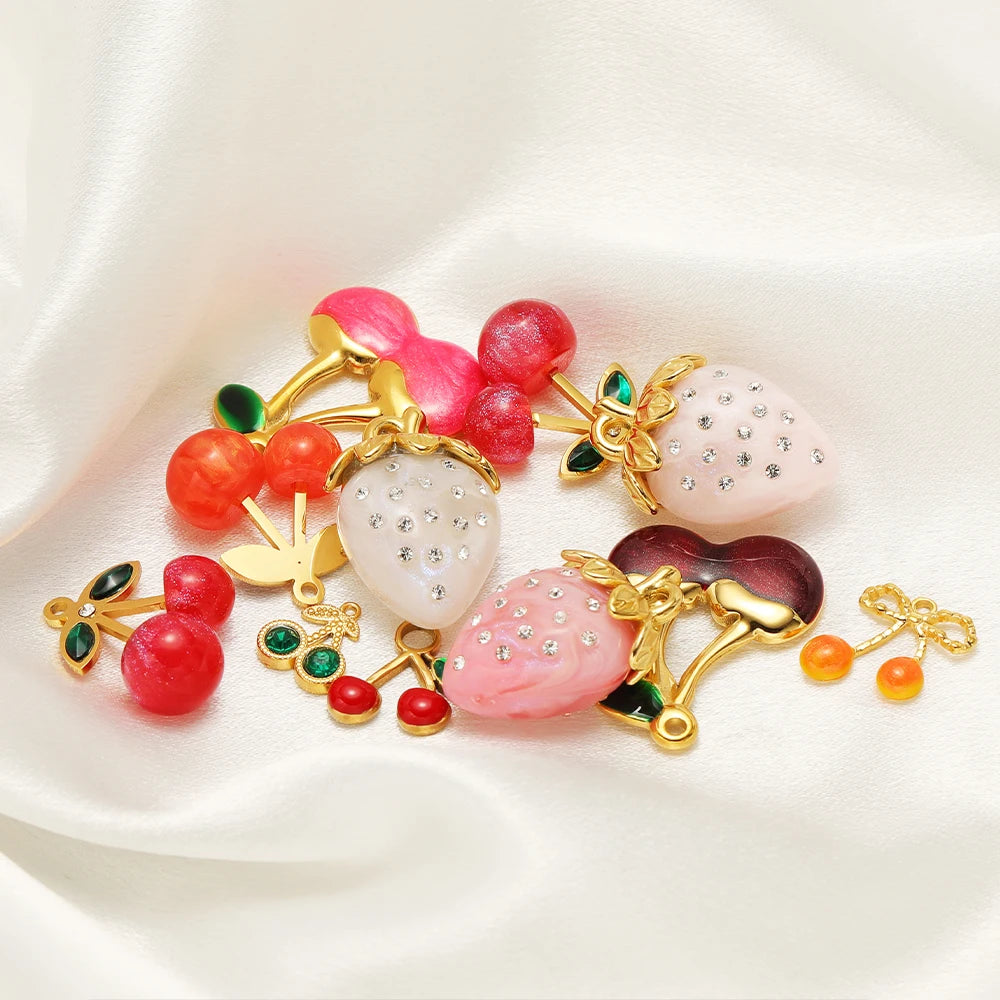 Lovely Fruit Charms 18k Gold Plated Stainless Steel Enamel Cherry Strawberry Zircon Charm Pendant for DIY Jewelry Making
