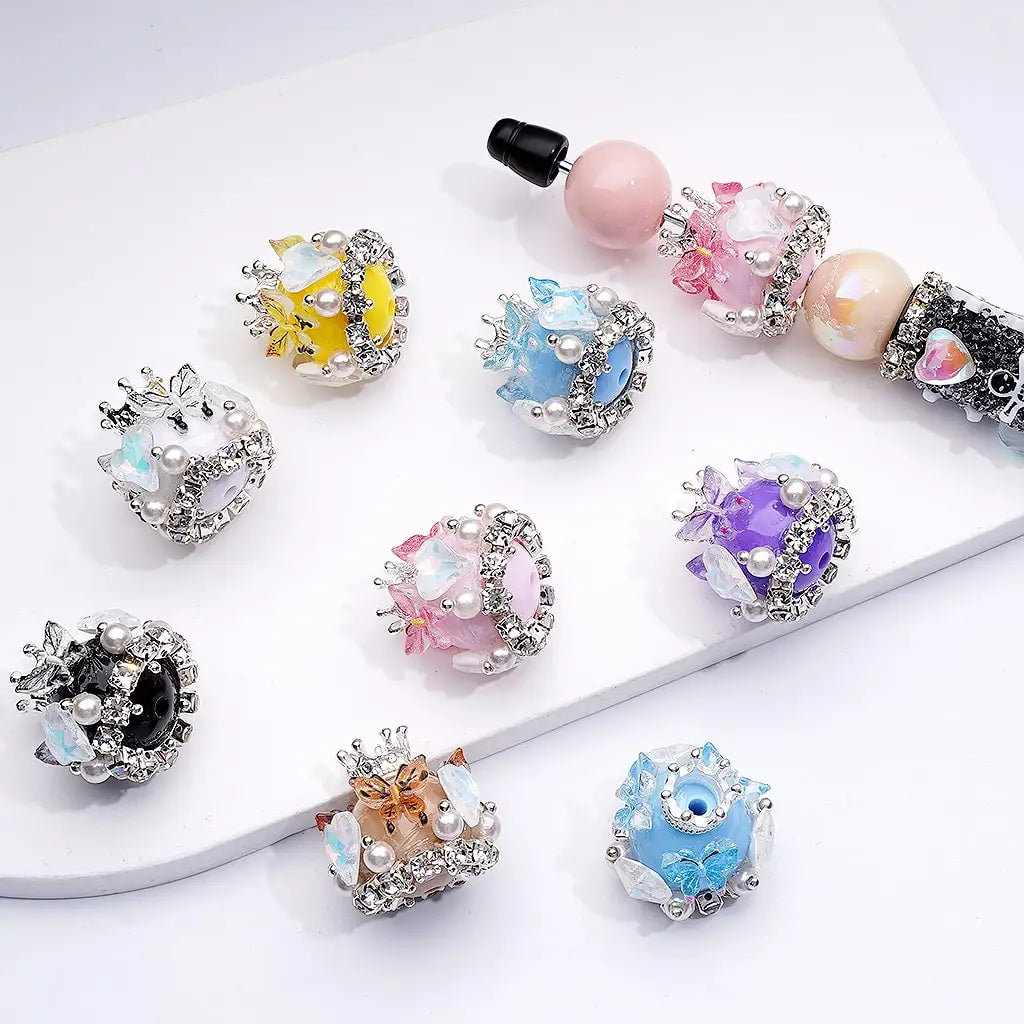 Handmade Silver Alloy Crown Pendant with Acrylic Beads Butterfly Hearts and Clear Rhinestones for Pen Making