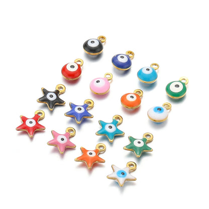 20pcs/bag  Stainless Steel 18K Gold Plated Colorful Enamel Round Star Charms Pendant for Jewelry Findings & Components