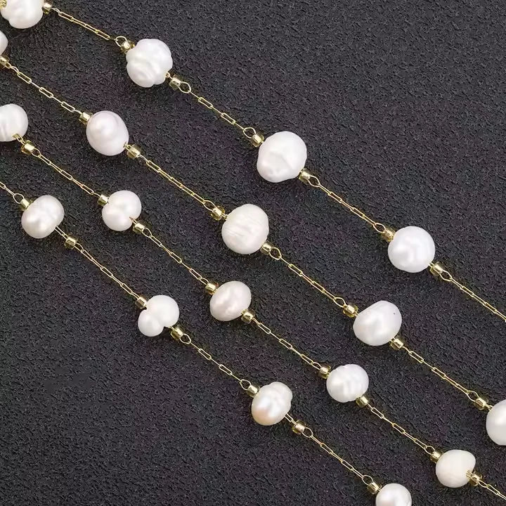 High Quality Fresh Water Pearl Beads Chain Stainless Steel Chain Necklace Gold Plated Chain Accessory Making