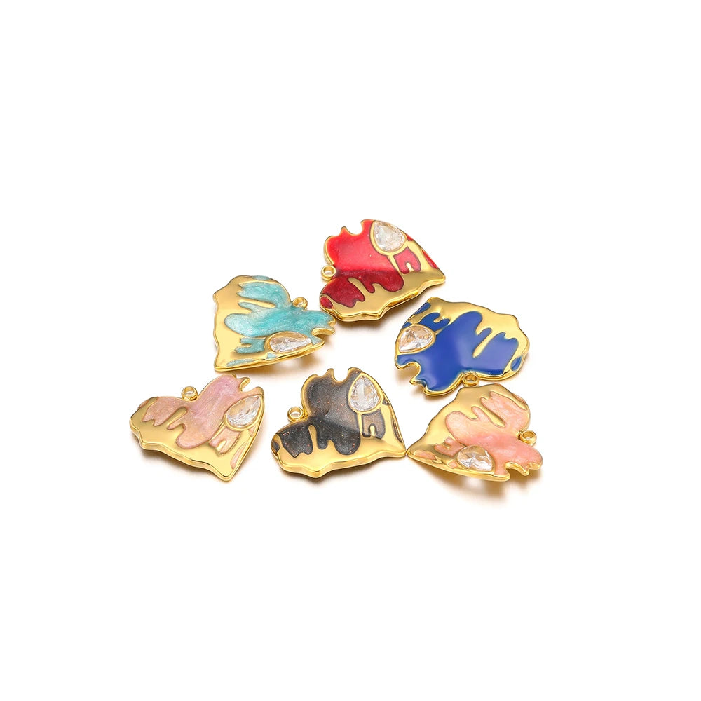 Nice Design Stainless Steel 18k Gold Plated Enamel Zircon Heart Charms Pendant for Jewelry Necklace Making Accessories