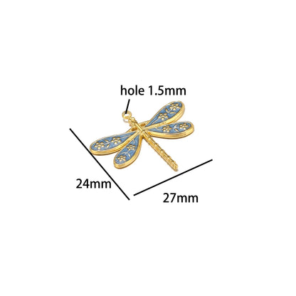 Retro Style Stainless Steel 18k Gold Plated Enamel Dragonfly and Flower Charms Pendant for Jewelry Necklace Making Accessories