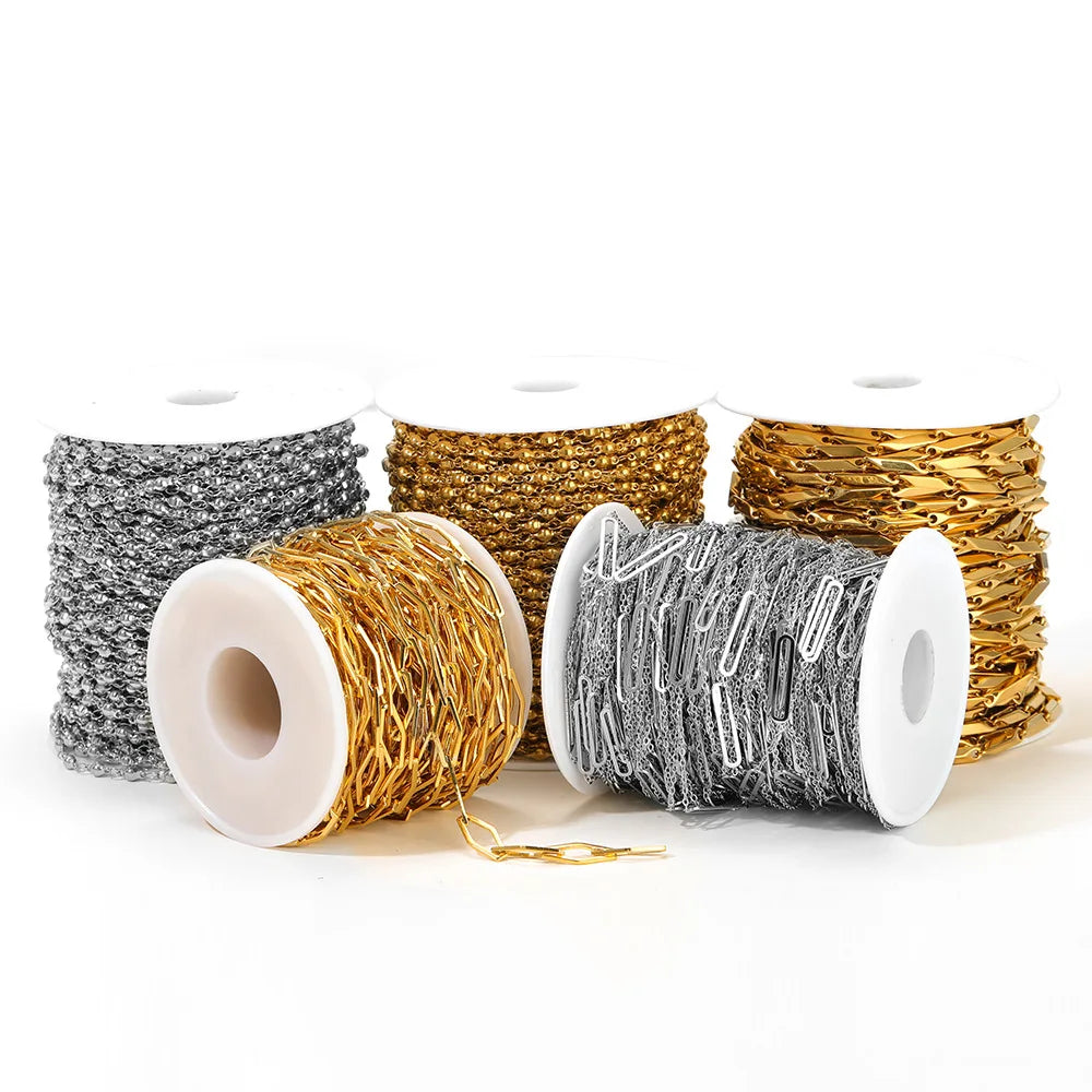E793 Bulk Permanent Jewelry Chains Waterproof Stainless Steel Gold Beaded Paper Clip Chains