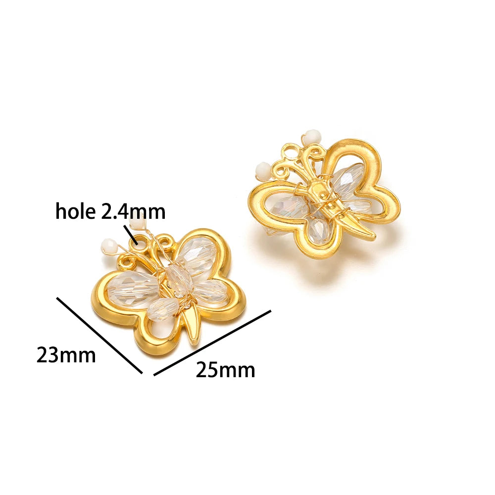 Trend Creative 18k Gold Plated Stainless Steel Flower Butterfly Heart Crystal Glass Bead Charm Pendant for  DIY Jewelry Making