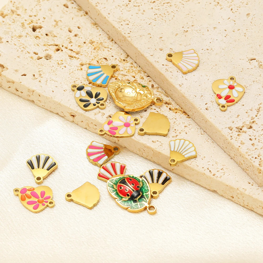 18k Gold Plated Stainless Steel Enamel Fanshaped Ladybird Heart Flower Charm Pendant for Jewelry Making Accessories