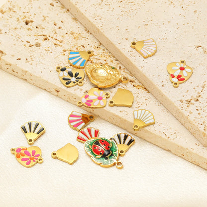 18k Gold Plated Stainless Steel Enamel Fanshaped Ladybird Heart Flower Charm Pendant for Jewelry Making Accessories