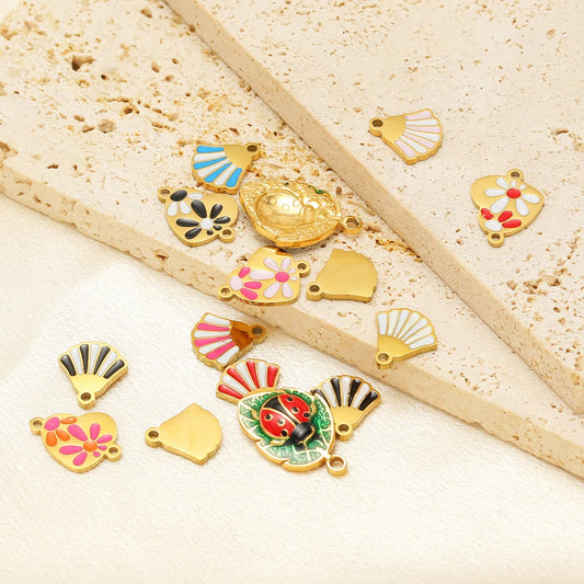 18k Gold Plated Stainless Steel Enamel Fanshaped Ladybird Heart Flower Charm Pendant for Jewelry Making Accessories