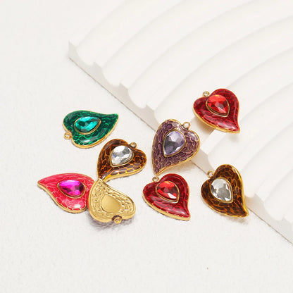 New Fashion Stainless Steel 18k Gold Plated Enamel Heart Zircon Charm Pendant for Diy Jewelry Making Wholesale