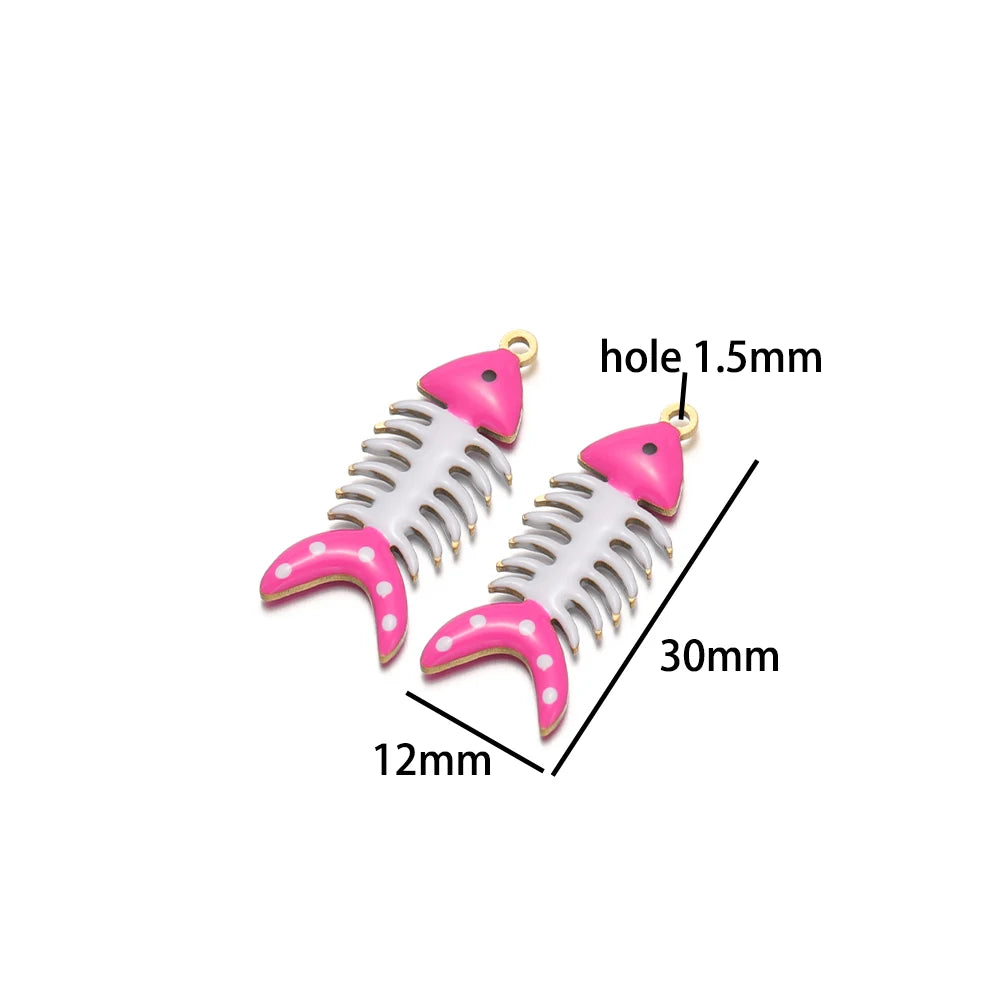 No Tarnish 18k Gold Plated Stainless Steel Small Enamel Fishbone Charm Pendant for Jewelry Necklace Making Accessories