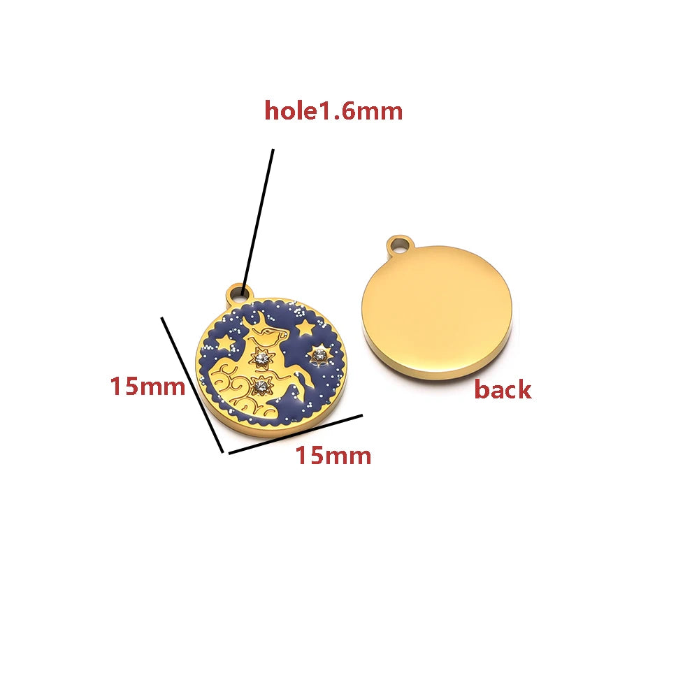Wholesale 12 Constellations Enamel Charms Set - 15mm Gold Round Zodiac Pendants with 1.6mm Single Hole