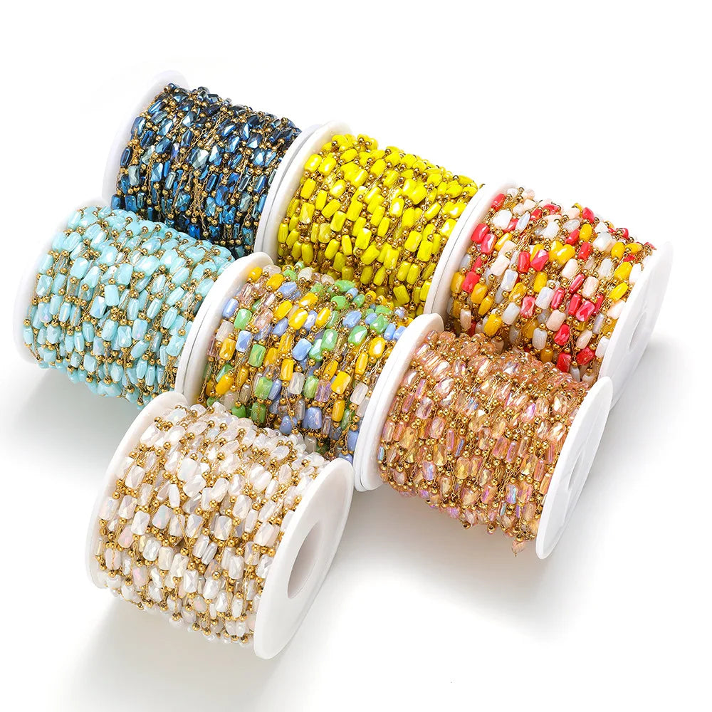 A2760 Hot Ins rainbow Beads Beaded Chain Gold Stainless Steel Crystal Pearl Beads Necklace Bracelet Making Chain Findings