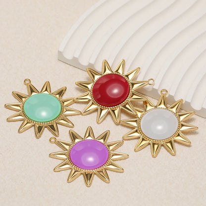 New Bohemian Retro Stainless Steel Gold Plated Big Sun Gemstone Charm Pendant for Earring Jewelry Making Accessories