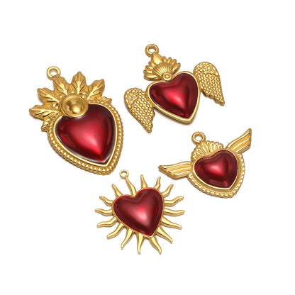 Fashion Design Stainless Steel 18k Gold Plated Red Enamel Heart Charm Pendant for Jewelry Necklace Making Accessories
