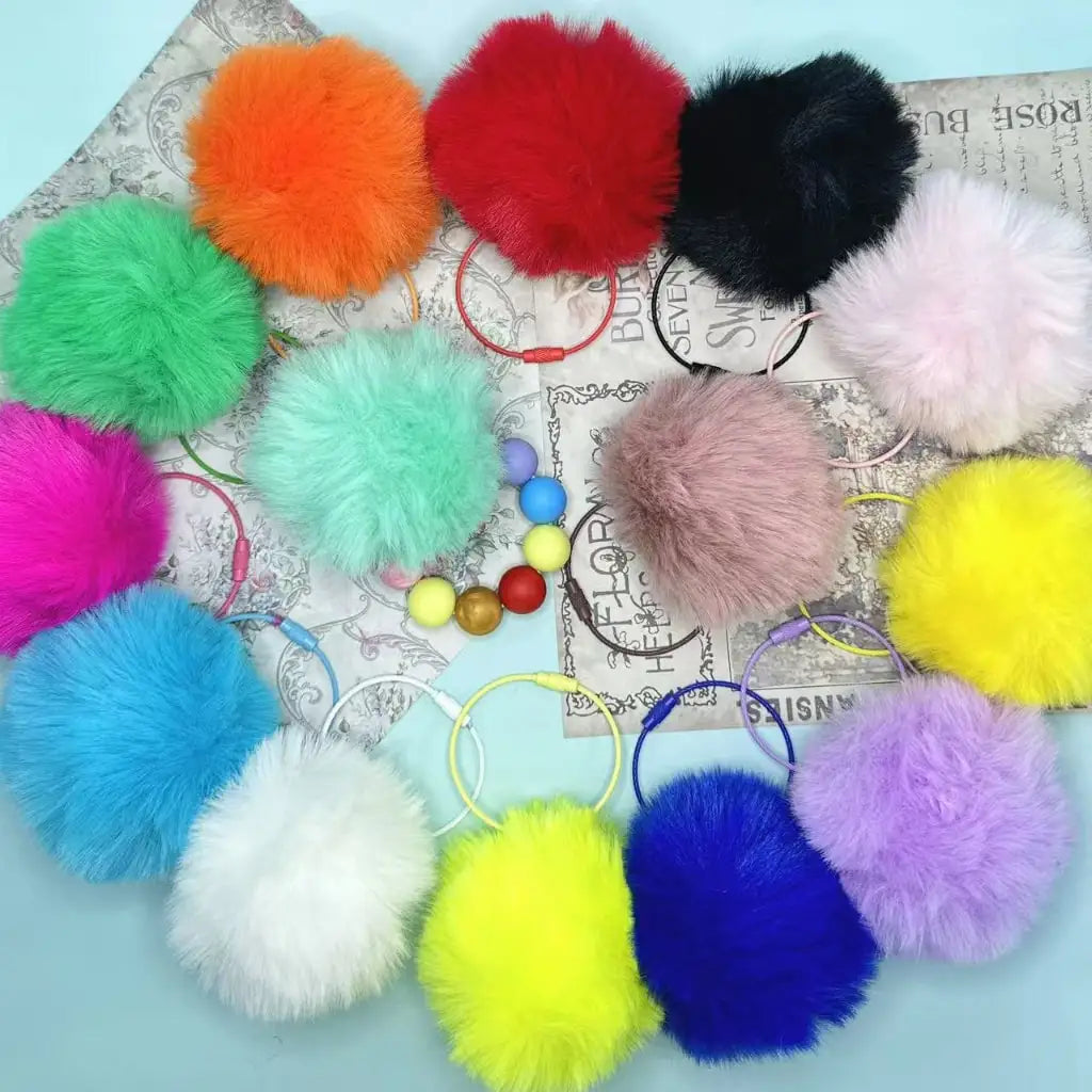 80mm Fluffy Pom Pom Balls with Elastic Loop & Keychain Ring for DIY Crafts Bulk