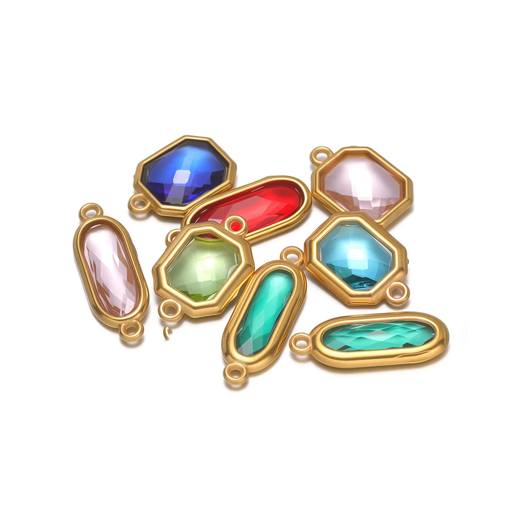 New Trend Fashion 18k Gold Plated Stainless Steel Two Hole Geometric Oval Zircon Charm Pendant for DIY Necklace Jewelry Making