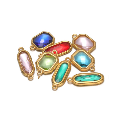 New Trend Fashion 18k Gold Plated Stainless Steel Two Hole Geometric Oval Zircon Charm Pendant for DIY Necklace Jewelry Making