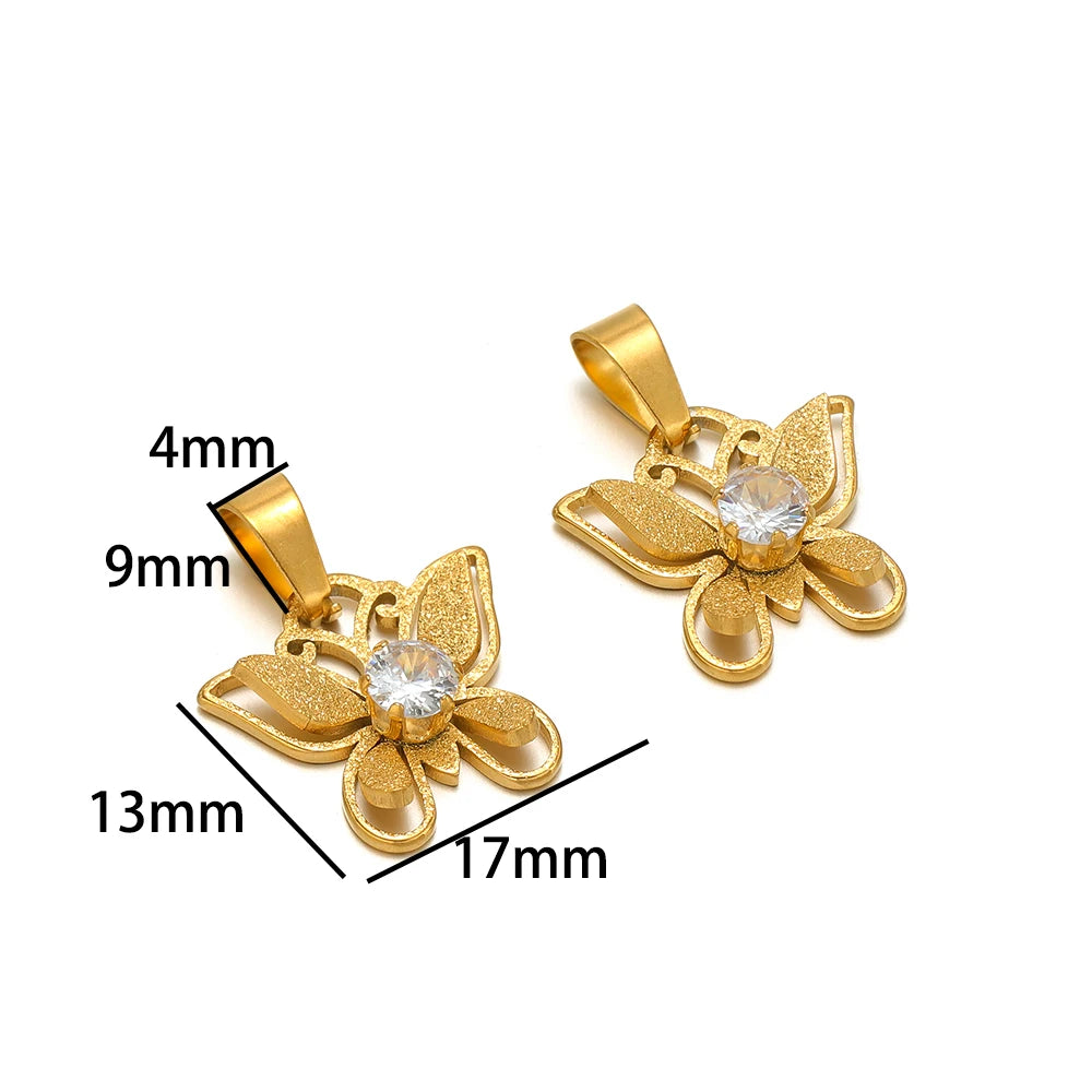 18k Gold Plated Stainless Steel Hollow Butterfly Wing Flower Zircon Charm Pendant for DIY Jewelry Making