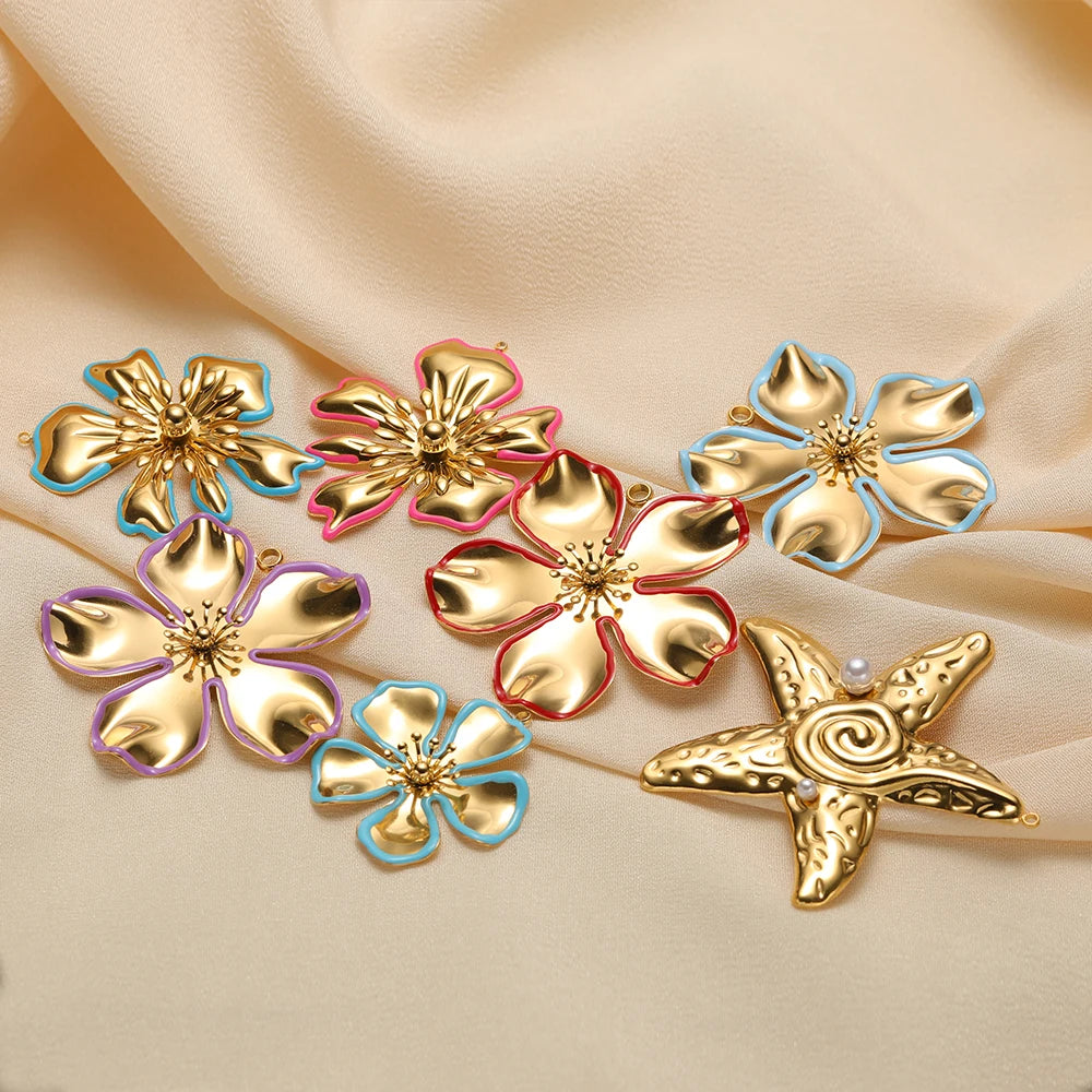 New Fashion Stainless Steel 18k Gold Plated Enamel Flower Conch Starfish Charm Pendant for Jewelry Necklace Making