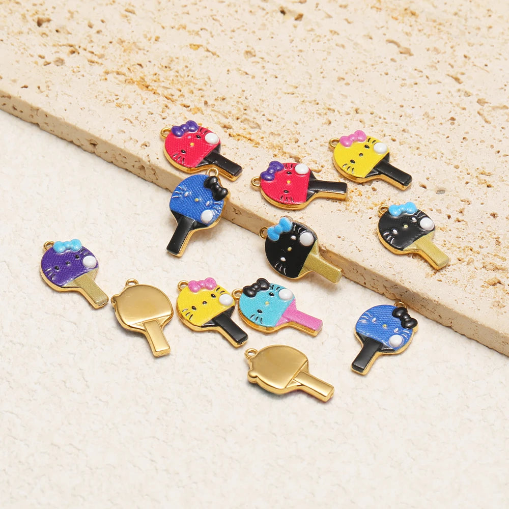 Personalized 18k Gold Plated Stainless Steel Cute Cat Racket Charm Pendant for DIY Necklace Jewelry Making Accessories