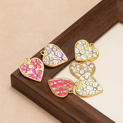 Vintage Fashion Stainless Steel 18k Gold Plated Drop Oil Heart Flower Charms Pendant for DIY Jewelry Necklace Making