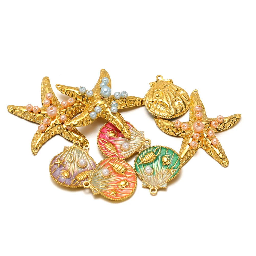 New Arrival 18k Gold Plated Stainless Steel Enamel Starfish Shell Pearl Charm Pendant for Jewelry Making Accessories