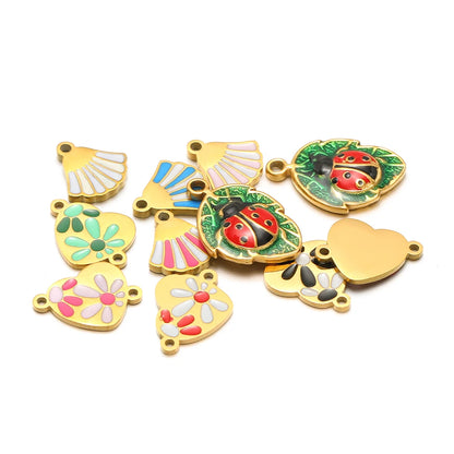 18k Gold Plated Stainless Steel Enamel Fanshaped Ladybird Heart Flower Charm Pendant for Jewelry Making Accessories