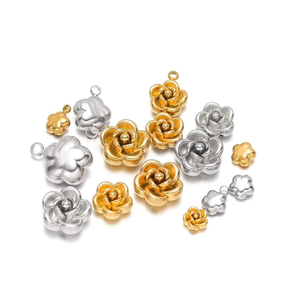 Retro Design 18k Gold Plated Stainless Steel Rose Bead Pendant Flower Charm Pendant for Bracelet Necklace Jewelry Making