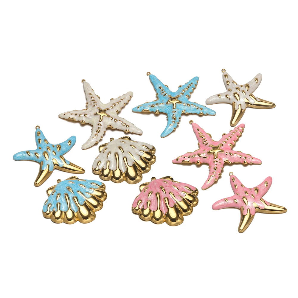 New Ocean Themed Stainless Steel 18k Gold Plated Enamel Shell Starfish Charm Pendant for Diy Jewelry Making Wholesale