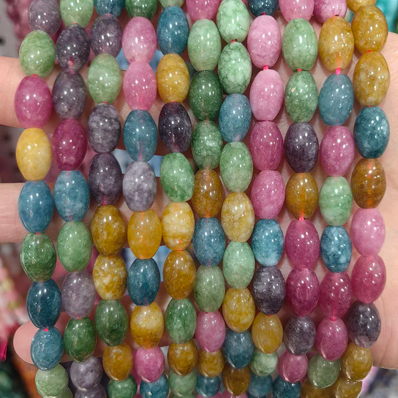 New Natural 8x12mm Rice Dyed Rainbow Colorful Jade Loose Bead, Mutil-color Jade Tourmaline Beads for DIY Women Jewelry Making