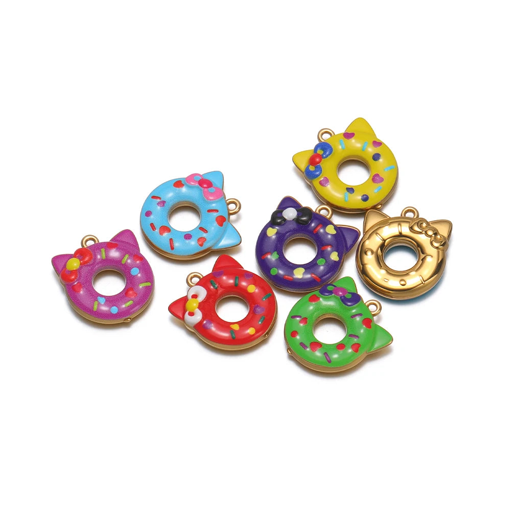 Cat Ear Donut-Shaped 18K Gold Plated Color Droplet Oil Pendant 1.1mm Hole Set 4 DIY Cute Handmade Charms Gold Kitty