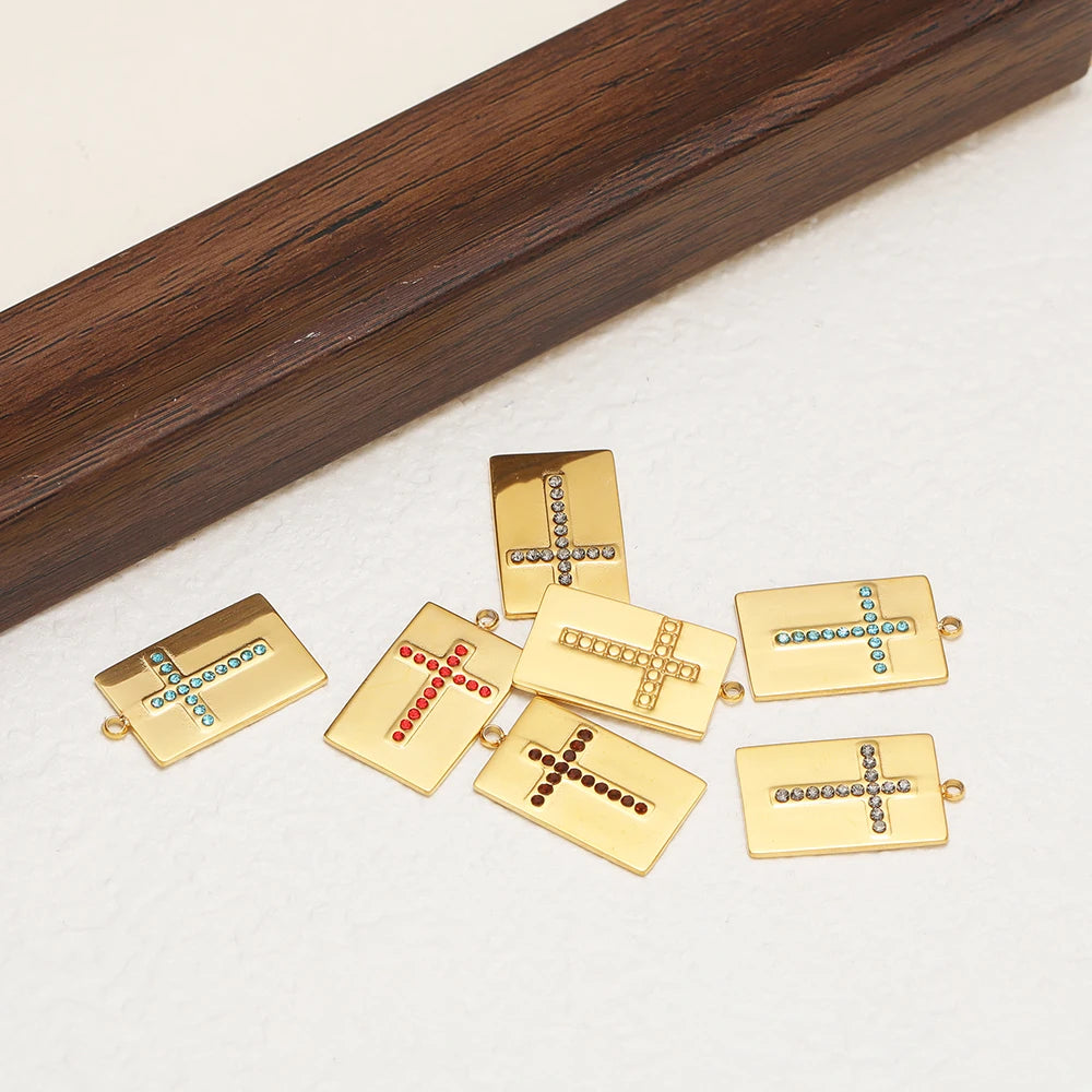 High Quality Stainless Steel 18k Gold Plated Square Cross Zircon Charms Pendant for DIY Jewelry Necklace Making
