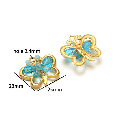 Trend Creative 18k Gold Plated Stainless Steel Flower Butterfly Heart Crystal Glass Bead Charm Pendant for  DIY Jewelry Making