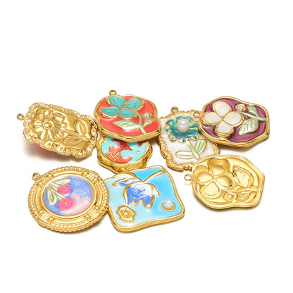 Exquisite Oil Drop Painted Flower Charm 18k Gold Plated Stainless Steel Enamel Round Square Pendant for Necklace Jewelry Making