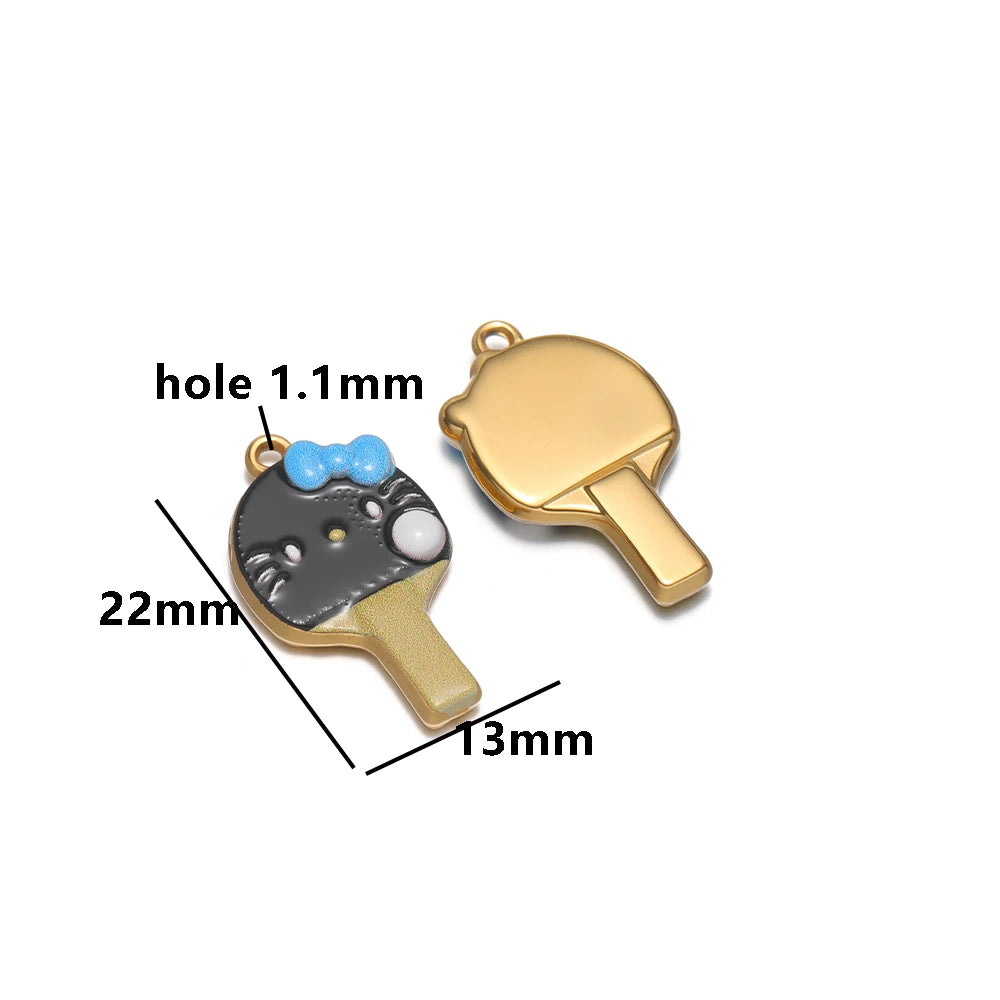 Personalized 18k Gold Plated Stainless Steel Cute Cat Racket Charm Pendant for DIY Necklace Jewelry Making Accessories