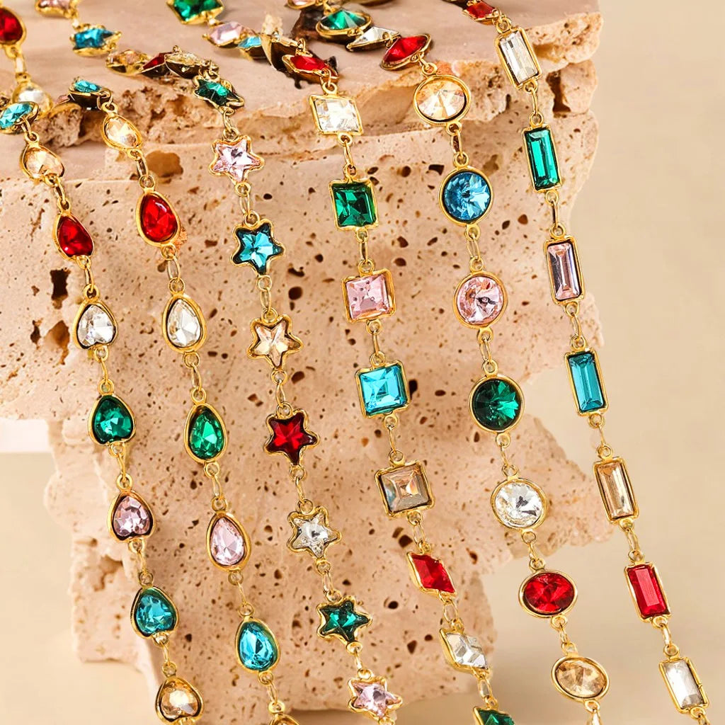 A2762 Fashion 18k Gold Stainless Steel Chain Star Heart Crystal Beads Beaded Rosary Chain for Necklace Bracelet Making