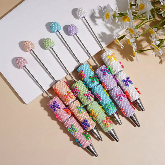 Bulk Fancy Beadable Ballpoint Pen Clay Rhinestone Covered Macaron Beaded Pen with Checkered Bow for DIY Jewelry Making