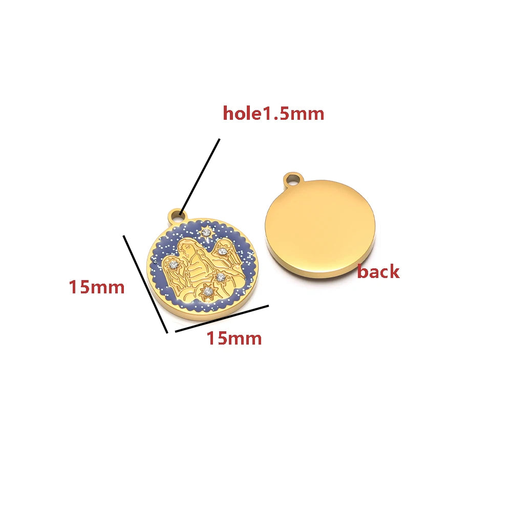 Wholesale 12 Constellations Enamel Charms Set - 15mm Gold Round Zodiac Pendants with 1.6mm Single Hole